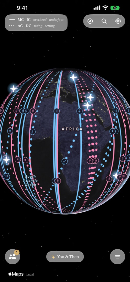 Two people's lines on the globe with glowing stars where they cross