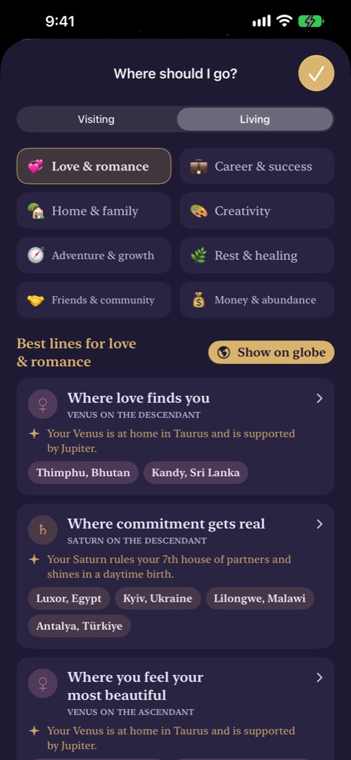 The Where should I go screen with goals like love, career and home